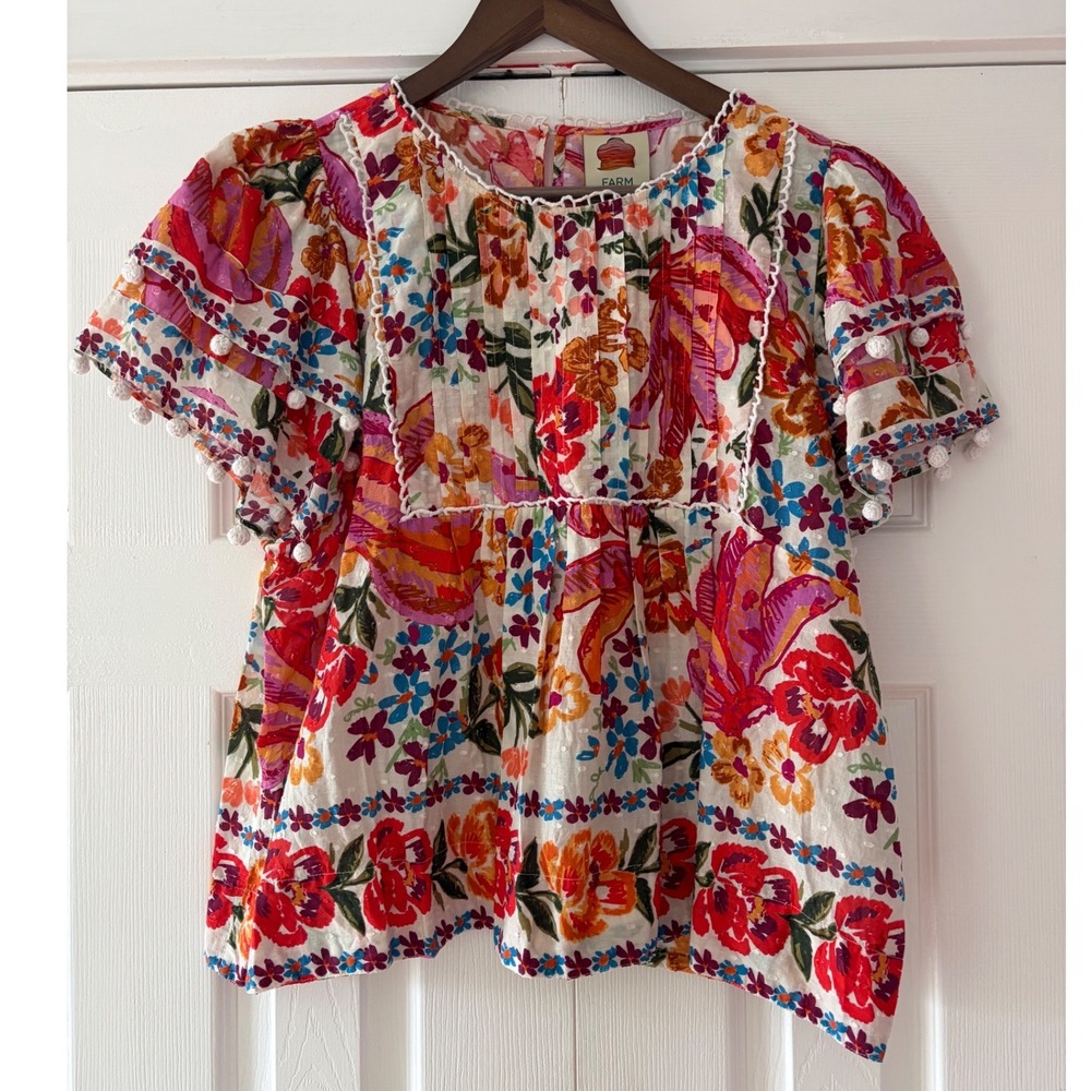 Farm Rio Floral Pom Pom Trim Swiss Dot Babydoll Blouse Multi Color Womens Large - Picture 1 of 7